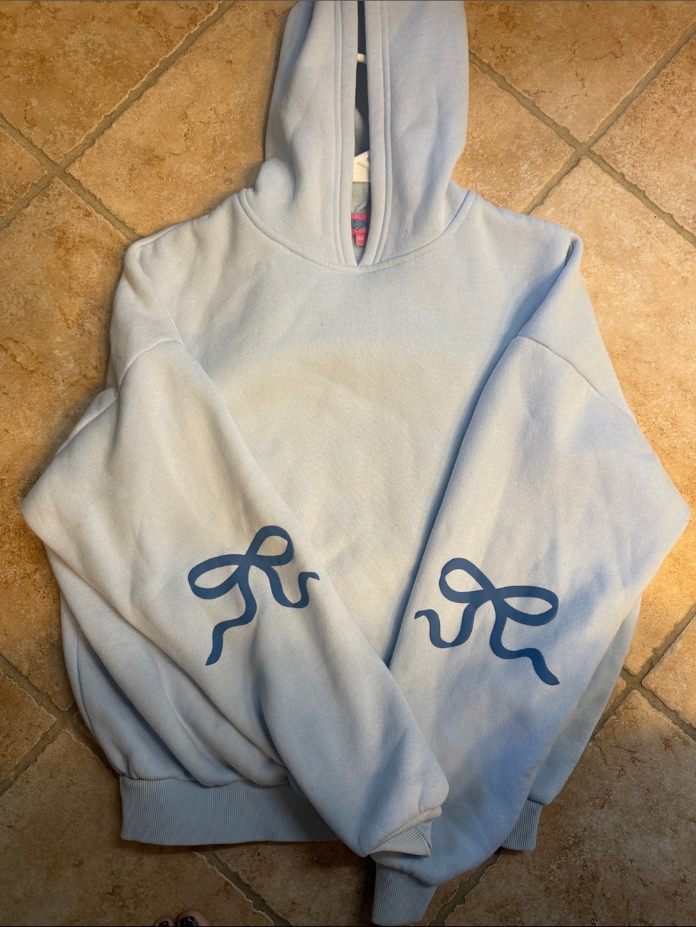 Edikted Light Blue Hoodie with Navy Bow Sleeve Graphics